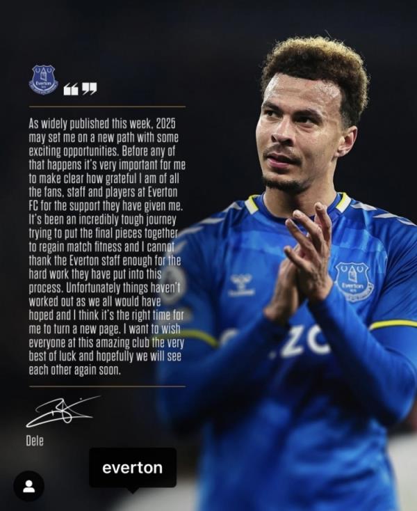 阿里告別埃弗頓：是時(shí)候開始新篇章了，感謝所有人對(duì)我的支持